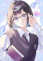 1boy :p absurdres arm_up black_hair black_sweater_vest book ensemble_stars! glasses heart highres holding holding_book long_hair looking_at_viewer male_focus medium_hair purple_eyes sagiri_esu school_uniform shirt smile solo sweater_vest tongue tongue_out upper_body white_shirt yoshio_tachi