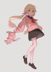 1girl black_sailor_collar black_skirt blunt_bangs kneehighs expressionless floating floating_hair hair_between_eyes hair_bobbles hair_ornament highres holding holding_stuffed_toy knife light_brown_hair loafers long_sleeves low_twintails nail_polish natori_sana natori_sana_(school_uniform) neckerchief open_mouth petite pink_serafuku puffy_long_sleeves puffy_sleeves rabbit_hair_ornament red_eyes red_neckerchief sailor_collar sana_channel school_uniform serafuku shadow shoes simple_background skirt solo stuffed_animal stuffed_rabbit stuffed_toy sweater twintails virtual_youtuber wind wind_lift zumi_tiri