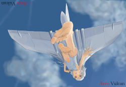 1girl aircraft airplane avro_vulcan barefoot bomber cloud day feet female_focus foot_focus foreshortening from_below jet mecha_musume military military_vehicle original sky soles solo sumitomo-sakura toes