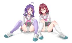 2girls ahoge aqua_shoes closed_mouth glasses grey-framed_eyewear grey_sailor_collar grey_skirt higashinaka_mikoto kimi_to_idol_precure kneehighs medium_hair multicolored_shoes multiple_girls neckerchief panties parted_lips pink_neckerchief pink_skirt precure purple_eyes purple_hair purple_thighhighs red_eyes red_hair sailor_collar school_uniform shigure_kokoro shirt shoes sitting skirt socks spread_legs striped_clothes striped_panties thighhighs twintails two-tone_shoes two-tone_skirt underwear white_background white_shirt white_shoes yaki_tofu