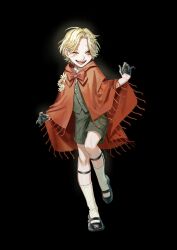 1boy androgynous black_background black_gloves black_shorts black_vest blonde_hair cloak flower full_body gloves hair_flower hair_ornament half_gloves hands_up highres kneehighs legwear_garter male_focus mary_janes momomo_906 one_eye_closed original red_cloak shoes short_hair shorts simple_background socks solo standing standing_on_one_leg vest yellow_eyes