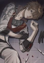 Rule 34 | 1boy, bags under eyes, black gloves, blue eyes, brown hair, coat, collarbone, curled fingers, double-parted bangs, fingernails, genshin impact, gloves, hair between eyes, hand on own arm, highres, kna1o, long sleeves, looking at viewer, lying, male focus, on side, pants, parted lips, popped collar, sleeve cuffs, solo, syringe, tartaglia (genshin impact), teeth, tile floor, tiles, unworn gloves, white pants
