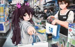 1girl 3boys absurdres amd_ryzen bag battle_girl_high_school bell clip_studio_paint_(medium) closed_eyes foreshortening giving glasses grey_jacket hair_ornament hairclip highres hood hooded_jacket indoors jacket looking_at_viewer multiple_boys name_tag object_request open_mouth pen purple_hair red_eyes sensei_(battle_girl_high_school) shopping stapler tamanegi_(12030028) tape translation_request tsubuzaki_anko twintails