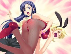 &gt;_&lt; 10s 2girls :o animal_ears ass blonde_hair blue_hair blush covered_erect_nipples eyebrows fake_animal_ears game_cg katakage_fuurin koutaro leotard long_hair multiple_girls open_mouth pantyhose playboy_bunny rabbit_ears saotome_nagi spanked tropical_kiss