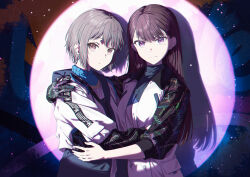 2girls :o :| absurdres bang_dream! bang_dream!_it&#039;s_mygo!!!!! brown_eyes brown_hair chromatic_aberration closed_mouth commentary dated_commentary gloves grey_hair highres hug jacket light_particles long_hair looking_at_viewer mole mole_under_eye multiple_girls official_alternate_costume open_clothes open_jacket purple_eyes raito_taisha shadow shiina_taki short_hair single_glove spotlight takamatsu_tomori text_print yuri