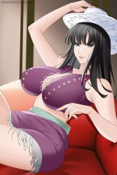1girl armchair armpit_crease aslindsamure bare_arms bare_shoulders black_hair blue_eyes blunt_bangs breasts chair cleavage collarbone cowboy_hat cross-laced_clothes cross-laced_top hat indoors large_breasts leaning_back long_hair looking_at_viewer midriff miniskirt nico_robin nico_robin_(alabasta) one_piece parted_lips patreon_username purple_skirt skirt smile solo thighs white_hat
