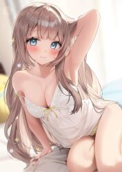 Rule 34 | 1girl, :3, arm behind head, arm up, armpits, bare arms, bare shoulders, blue eyes, blurry, blurry background, breasts, brown hair, cleavage, closed mouth, collarbone, commentary request, hand in own hair, highres, indie virtual youtuber, long hair, looking at viewer, medium breasts, mole, mole under eye, nen 0405, panties, sakasa nota, see-through silhouette, smile, solo, spaghetti strap, strap slip, thighs, underwear, very long hair, virtual youtuber, white chemise, yellow panties