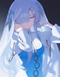 1girl absurdres black_background breasts character_request check_character check_copyright commentary_request copyright_request dress flower grey_eyes grey_hair hair_flower hair_ornament hair_over_one_eye hands_in_own_hair hands_up highres isekaijoucho juliet_sleeves kamitsubaki_studio long_hair long_sleeves looking_at_viewer medium_breasts parted_lips puffy_sleeves shali simple_background solo unfinished upper_body veil very_long_hair white_dress white_veil