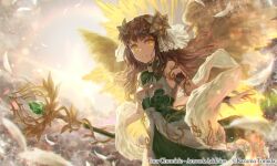 1girl angel_wings armlet artist_name brown_hair dress feathers garutaisa green_dress hair_ornament holding holding_staff jewelry looking_at_viewer official_art outdoors staff sunlight wings yellow_eyes your_chronicle