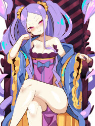 1girl bare_shoulders blush breasts chinese_clothes cleavage crossed_legs dress fate/grand_order fate_(series) forehead hair_ornament hair_scrunchie hanfu highres long_hair long_sleeves looking_at_viewer off_shoulder parted_bangs pelvic_curtain purple_dress purple_eyes purple_hair scrunchie shawl sidelocks sitting small_breasts smile solo thighs throne twintails user_fkzw8222 very_long_hair wide_sleeves wu_zetian_(fate) wu_zetian_(first_ascension)_(fate) yellow_scrunchie