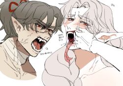 Rule 34 | 2boys, blush, copyright request, earrings, fangs, forked tongue, grey hair, hair ribbon, highres, jewelry, looking at viewer, multiple boys, orange eyes, parted bangs, pointy ears, poison, red eyes, red ribbon, ribbon, simple background, slit pupils, snake boy, teeth, tongue, white background, zunkome