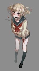 Rule 34 | 1girl, 23i2ko, :d, black socks, blonde hair, blood, blood on arm, blood on clothes, blood on face, blood on leg, blue skirt, blunt bangs, blush, boku no hero academia, chest bow, fangs, from above, full body, grey background, heart, highres, holding own stomach, looking at viewer, medium hair, open mouth, sailor collar, school uniform, severed hand, short twintails, sidelocks, simple background, skirt, slit pupils, smile, socks, solo, sweater, toga himiko, twintails, twitter username, yellow eyes, yellow sweater