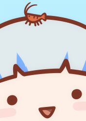 ._. 1girl :d absurdres animal animal_on_head blue_background blue_hair blue_theme blunt_bangs blush_stickers chibi ebi-chan_(gawr_gura) flat_color gawr_gura highres hololive hololive_english multicolored_hair on_head open_mouth phdpigeon portrait shrimp simple_background smile solo streaked_hair virtual_youtuber white_hair
