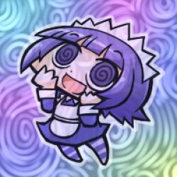 1girl :d @_@ apron artist_request chibi chibi_only collared_dress dress full_body futaba_channel hands_on_own_face hands_up long_sleeves lowres maid maid_headdress nijiura_maids open_mouth pantyhose purple_dress purple_eyes purple_hair rainbow_background short_hair smile solo striped_clothes striped_pantyhose third-party_source white_apron yakui