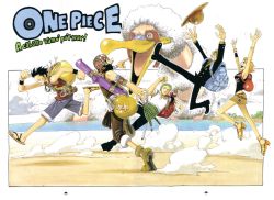 1girl 2000 4boys armband backpack bag bandana bangle bird black_hair black_shirt blonde_hair bottle bracelet cigarette cloud cover cover_page earrings food giant goggles goggles_around_neck green_hair happy haramaki hat jewelry jumping katana lighthouse meat monkey_d._luffy monster multiple_boys nami_(one_piece) nami_(one_piece)_(whisky_peak) ocean oda_eiichirou official_art one_piece orange_hair overalls pirate randoseru roronoa_zoro running sandals sanji_(one_piece) scar shirt short_hair skirt smile smoking straw_hat sword t-shirt usopp vest watch weapon wristwatch