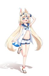 1girl :3 :d absurdres animal_ear_fluff animal_ears arm_up blonde_hair blue_bow blue_eyes blue_hair blue_nails blue_sailor_collar blunt_bangs bow cat_ears collarbone dress fins fish_tail frilled_dress frilled_sailor_collar frills hair_bow hand_on_own_head highleg highleg_panties highres indara779 indie_virtual_youtuber leg_up long_hair looking_at_viewer multicolored_hair navel notice_lines open_mouth panties sailor_collar sameko_saba sandals shadow short_shorts shorts sidelocks simple_background sleeveless sleeveless_dress smile solo standing standing_on_one_leg stomach streaked_hair sundress tachi-e tail toes twintails underwear very_long_hair virtual_youtuber white_background white_dress white_shorts