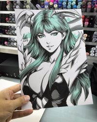 1girl 2017 bare_shoulders breasts capcom cleavage clothing_cutout demon_girl green_eyes green_hair head_wings heart_cutout highres large_breasts light_smile long_hair morrigan_aensland stanley_lau darkstalkers wings