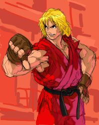 1boy blonde_hair dougi fingerless_gloves game_cg gloves grin hand_on_own_hip highres karate_gi ken_masters looking_to_the_side male_focus mma_gloves muscular muscular_male nishimura_kinu non-web_source official_art smile solo solo_focus street_fighter street_fighter_iii_(series) teeth thick_eyebrows thumbs_down