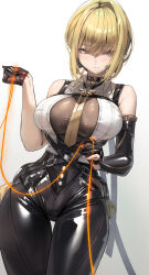 1girl absurdres arm_strap bare_shoulders black_gloves black_pants blonde_hair breasts chest_harness closed_mouth commentary elbow_gloves evelyn_chevalier fingerless_gloves gloves grey_eyes hair_intakes half_gloves harness high-waist_pants highres jindogod large_breasts latex_pants light_blush long_hair looking_at_viewer mole mole_under_eye pants shirt simple_background single_elbow_glove single_fingerless_glove single_half_glove sleeveless smile solo thigh_gap tight_clothes tight_pants white_background white_shirt zenless_zone_zero