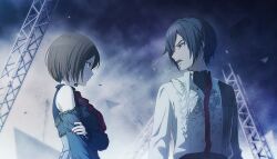 1boy 1girl 25-ji_kaito 25-ji_meiko ascot black_hair black_shirt black_sweater blue_eyes brown_eyes brown_hair collared_shirt colorful_palette detached_sleeves dress frilled_shirt frills gear_print glaring grey_dress hand_on_own_arm highres kaito_(vocaloid) keikyoku_no_machi_wa_doko_e_(project_sekai) light_particles looking_at_another meiko_(vocaloid) official_art open_mouth project_sekai pyramid_(structure) red_ascot red_nails ribbed_shirt shirt short_hair skeleton_print sweater third-party_source truss upper_body vocaloid white_shirt