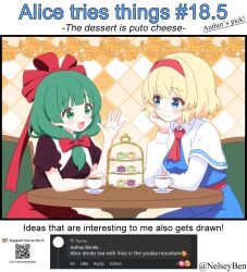 Rule 34 | 2girls, alice margatroid, blonde hair, blue dress, blue eyes, blush, bnelsey, bow, capelet, closed mouth, commentary, cup, dress, english commentary, english text, eye contact, food, green eyes, green hair, hair bow, hair ribbon, hairband, head rest, kagiyama hina, ko-fi logo, long hair, long sleeves, looking at another, multiple girls, open mouth, plate, qr code, red bow, red hairband, red ribbon, red shirt, red skirt, request inset, ribbon, screenshot inset, shirt, short sleeves, sitting, skirt, smile, tea, teacup, tiered tray, touhou, twitter username, white capelet