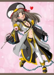 1girl black_gloves black_pants braid breasts brown_eyes brown_hair chain coat colored_sclera commentary_request crop_top front_slit full_body gloves grey_coat grey_sclera half_up_braid hat heart high_heels holding holding_staff letterboxed long_hair looking_at_viewer medium_breasts monou0135 navel open_clothes open_coat open_mouth pants penguin_hat pink_background ragnarok_online sandals shirt smile solo staff standing suspenders thighhighs warlock_(ragnarok_online) white_shirt white_thighhighs yellow_sandals