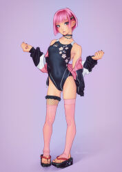 1girl asymmetrical_legwear bare_shoulders black_one-piece_swimsuit blush breasts brown_eyes choker commentary_request competition_swimsuit covered_navel flip-flops full_body fumichika_mori highleg highleg_one-piece_swimsuit jacket looking_at_viewer nail_polish off_shoulder okobo one-piece_swimsuit open_clothes open_jacket original pink_hair pink_thighhighs platform_sandals sandals short_hair simple_background small_breasts solo swimsuit thighhighs toenail_polish toenails toes track_jacket