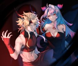 Rule 34 | 1boy, 1girl, bare shoulders, black dress, black gloves, blonde hair, blue hair, breasts, chest tattoo, cleavage, cosplay, detached sleeves, dragalia lost, dragalinuka, dragon boy, dragon girl, dragon horns, dress, elbow gloves, envy (fma), envy (fma) (cosplay), eyeball, fullmetal alchemist, gloves, green eyes, grin, hair pulled back, hand up, headband, horns, inoue kikuko, jupiter (dragalia lost), large breasts, long hair, looking at viewer, lust (fma), lust (fma) (cosplay), mature female, mercury (dragalia lost), midriff, multicolored hair, navel, open mouth, pink hair, pointy ears, red eyes, shirt, short hair, simple background, skort, smile, takayama minami, tattoo, voice actor connection