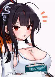 1girl :o bare_shoulders black_hair blush book breasts chiji_komari cleavage colored_inner_hair commentary_request detached_sleeves dragon_hair_ornament earrings goddess_of_victory:_nikke grey_nails hair_ornament highres holding holding_book jewelry large_breasts long_eyelashes looking_at_viewer moran_(nikke) multicolored_hair necklace open_mouth orange_eyes ponytail sidelocks sleeveless solo stud_earrings sweater upper_body white_background