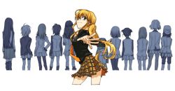 6+girls andou_nene bike_shorts blonde_hair blue_eyes cowboy_shot cropped_legs double_bun everyone facing_away from_behind hair_bun hyakko iizuka_tatsuki kageyama_torako kazamatsuri_touma kobayashi_koma long_hair looking_at_viewer looking_back makunouchi_ushio maui miniskirt multiple_girls necktie nikaidou_hitsugi nonomura_ayumi ooba_minato pantyhose plaid_clothes plaid_skirt pleated_skirt saotome_suzume short_hair simple_background skirt smile standing suzugasaki_chie suzugazaki_chie tsubomiya_inori white_background