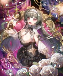 1girl absurdres astra_yao astra_yao_(chandelier) black_dress black_hair blush breasts cleavage dress earrings hairband highres jewelry kozou_kazaru large_breasts long_hair looking_at_viewer necklace official_alternate_costume open_mouth red_eyes smile solo white_hairband zenless_zone_zero