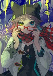1girl absurdres arknights black_dress black_hat black_scarf blue_eyes blue_hair breasts checkered_clothes checkered_scarf cleavage commentary deepcolor_(arknights) dress glasses gradient_hair graffiti hat heterochromia highres jacket long_sleeves medium_breasts miike_(992058) mismatched_pupils multicolored_hair multicolored_nails nail_polish open_clothes open_jacket outdoors purple_hair purple_nails red_hair red_scarf removing_eyewear scarf solo tentacles upper_body wall white_jacket yellow_eyes yellow_nails