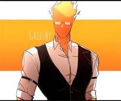 1boy arm_strap black_vest character_name collared_shirt colored_skin commentary_request flaming_head glasses grillby highres korean_commentary male_focus no_mouth open_collar orange_skin rectangular_eyewear shirt sleeve_cuffs solo taleryu undertale upper_body vest white_shirt wing_collar