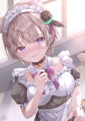 1girl absurdres alternate_costume animal_ear_fluff animal_ears apron backlighting bell black_choker black_dress black_flower black_rose blush bow bowtie breasts brown_hair cat_ears cat_girl cat_tail choker closed_mouth commentary_request cowboy_shot day detached_collar dress dutch_angle enmaided eyelashes flower frilled_apron frills hair_between_eyes hair_flower hair_ornament hair_ribbon hand_up heaven_burns_red highres indoors jingle_bell kemonomimi_mode looking_at_viewer maid maid_apron maid_headdress medium_breasts minase_sumomo neck_bell pink_bow pink_bowtie pov puffy_short_sleeves puffy_sleeves purple_eyes ribbon rose short_hair short_sleeves signature solo tail tearing_up tears tsumugi-t white_apron window