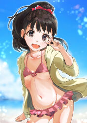1girl beach bikini black_eyes black_hair blue_sky blurry cloud day depth_of_field flat_chest frilled_bikini frills fukuyama_mai highres hood hooded_jacket horizon idolmaster idolmaster_cinderella_girls jacket loli navel nonchan ocean outdoors pink_bikini ponytail sky smile solo swimsuit v v_over_eye yellow_jacket