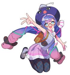 +_+ 1girl :d a.i._voice ahoge aqua_eyes ascot backpack bag black_bow black_pantyhose blue_hair blue_hat blunt_bangs bow braid brown_bag dress eel_hat fang floating_hair full_body glasses gradient_hair gradient_ribbon green_ribbon grey_dress grey_shoes hair_between_eyes hair_bow hair_ornament hair_ribbon hairclip hat hat_ribbon highres jumping large_hat light_blush long_hair looking_at_viewer low-braided_long_hair low-tied_long_hair mortarboard multicolored_dress multicolored_hair multicolored_ribbon multicolored_shoes official_art open_mouth otomachi_una otomachi_una_(a.i._voice_2) outstretched_arms pantyhose pink_dress pink_ribbon pink_stripes plaid_bow plaid_clothes plaid_pantyhose pleated_dress randoseru red-framed_eyewear ribbon sailor_collar sailor_dress saitou_naoki second-party_source semi-rimless_eyewear shoes sidelocks skin_fang sleeveless sleeveless_dress smile solo sparkling_eyes spread_arms striped_ribbon transparent_background twintails under-rim_eyewear v very_long_hair voiceroid white_ascot white_ribbon white_sailor_collar