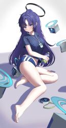 1girl black_shirt blue_archive blue_buruma buruma drone gym_shirt gym_uniform halo highres id_card lanyard mechanical_halo official_alternate_costume rcej7787 shirt solo star_sticker sticker_on_face yuuka_(blue_archive) yuuka_(track)_(blue_archive)
