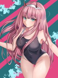 Rule 34 | 1girl, absurdres, aqua eyes, black one-piece swimsuit, breasts, chiranasart, closed mouth, covered navel, darling in the franxx, gluteal fold, groin, hairband, highres, horns, long hair, looking at viewer, medium breasts, one-piece swimsuit, pink hair, red horns, solo, swimsuit, two-tone background, very long hair, white hairband, zero two (darling in the franxx)