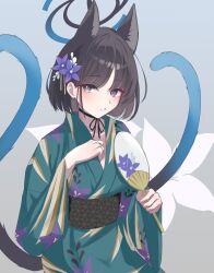 1girl animal_ear_fluff animal_ears black_choker black_eyes black_hair black_sash blue_archive blue_kimono blush cat_ears cat_girl cat_tail choker flower hair_flower hair_ornament hand_fan highres holding holding_fan japanese_clothes kikyou_(blue_archive) kimono looking_at_viewer multiple_tails parted_lips purple_flower sash short_hair solo tail toorisugari_no_dechikou two_tails
