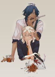 Rule 34 | 2boys, aji 11300913, albedo (genshin impact), alternate costume, arm on another&#039;s shoulder, arm tattoo, black shirt, blonde hair, blue eyes, blue hair, bracelet, broken glass, brown nails, closed mouth, collared shirt, commentary, dark-skinned male, dark skin, genshin impact, glass, grey background, gun, hair between eyes, hair over one eye, handgun, hashtag-only commentary, highres, holding, holding gun, holding weapon, jewelry, kaeya (genshin impact), long hair, looking at viewer, male focus, medium hair, multiple boys, necktie, orange necktie, paper, parted lips, shirt, sleeves rolled up, smile, smoke, tattoo, twitter username, upper body, weapon, white shirt