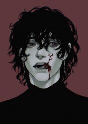 Rule 34 | 1other, 23i2ko, bags under eyes, black hair, earrings, facing viewer, highres, jewelry, licking blood, licking lips, limited palette, messy hair, open mouth, original, red background, red eyes, short hair, simple background, solo, tongue, tongue out, turtleneck