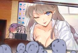 1girl 6+others ;p audience black_bra black_dress blush blush_visible_through_hair blush_visible_through_hands bra breasts brown_hair cleavage closed_mouth coat collarbone collared_shirt commentary computer desktop_(computing) dress dress_shirt english_text facepalm fujishima_megumi head_down laptop large_breasts link!_like!_love_live! long_hair long_sleeves looking_at_viewer love_live! meme multiple_others one_eye_closed open_clothes open_coat open_shirt otomune_kozue otomune_kozue_(winter_casual) photo_background presentation_gone_wrong_(meme) purple_eyes purple_hair selfie shirt smile sweat tongue tongue_out underwear virtual_youtuber white_shirt zenma_trang