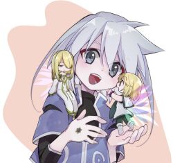 3boys bangle blonde_hair blue_eyes blush boots bracelet chibi chibi_on_shoulder gem genius_sage glowing glowing_wings grey_hair holding_chibi jewelry long_hair male_focus mithos_yggdrasill momoko_(moco88) multiple_boys open_mouth short_hair smile tales_of_(series) tales_of_symphonia tunic wings yaoi