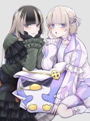 2girls :o aqua_eyes banpen_(todoroki_hajime) black_gloves black_hair blue_eyes blunt_bangs brown_hair character_doll choker closed_mouth doll dress elbow_rest gloves grey_background hair_ornament hand_on_own_cheek hand_on_own_face highres hololive hololive_dev_is jacket juufuutei_raden juufuutei_raden_(1st_costume) kneeling legwear_garter long_hair long_sleeves looking_at_viewer multicolored_hair multiple_girls nisui57 open_mouth pink_jacket pink_shorts purple_eyes shirt short_hair shorts simple_background smile socks streaked_hair stuffed_animal stuffed_toy todoroki_hajime todoroki_hajime_(1st_costume) twitter_username virtual_youtuber white_shirt white_socks
