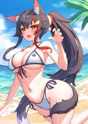 1girl :d animal_ears beach bikini black_choker black_hair blue_sky breasts choker claw_pose cloud day deaver fang foot_up hair_ornament highres hololive large_breasts long_hair multicolored_hair navel ocean ookami_mio open_mouth orange_eyes outdoors pendant_choker pony_(animal) ponytail red_hair side-tie_bikini_bottom sidelocks sky smile solo stomach streaked_hair swimsuit tail thigh_strap very_long_hair virtual_youtuber wet white_bikini wolf_ears wolf_girl wolf_tail