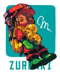 1girl boots closed_mouth commentary_request dark-skinned_female dark_skin eyebrow_cut full_body gloves golden_egg_(splatoon) green_boots green_gloves harness headlamp helmet high-visibility_clothing high-visibility_vest holding jumpsuit lifebuoy mining_helmet nintendo octoling octoling_girl octoling_player_character orange_eyes orange_hair red_helmet red_jumpsuit rubber_boots rubber_gloves salmon_run_(splatoon) short_hair solo splatoon_(series) splatoon_3 swim_ring tentacle_hair zuru4ki