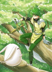 1990s_(style) 1boy armor clamp ferio_(rayearth) forest gloves green_hair magic_knight_rayearth male_focus mokona nature outdoors plant scar solo sword weapon yellow_eyes
