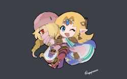 2girls androgynous bad_id bad_twitter_id bandages blonde_hair blue_eyes braid chibi dark_skin dark-skinned_female dual_persona earrings gloves hat hug jewelry long_hair looking_at_viewer mask multiple_girls nintendo nyagiratwist one_eye_closed pointy_ears ponytail princess_zelda red_eyes reverse_trap sheik simple_background smile super_smash_bros. surcoat the_legend_of_zelda the_legend_of_zelda:_a_link_between_worlds the_legend_of_zelda:_breath_of_the_wild the_legend_of_zelda:_ocarina_of_time tiara