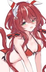 1girl absurdres animal_ears bent_over bikini blush breasts cdsola cleavage collarbone green_eyes hair_ornament highres horse_ears horse_girl horse_tail low_twintails purple_eyes small_breasts solo swimsuit tail twintails umamusume wet white_background win_variation_(umamusume)