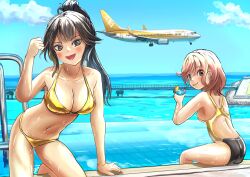 aircraft airplane ass bikini black_hair blue_sky boeing_737 breasts bridge brown_eyes brown_hair cleavage cloud commentary_request competition_swimsuit day drink gold_bikini gold_one-piece_swimsuit highres hoiruka_oekaki large_breasts long_hair looking_at_viewer looking_back one-piece_swimsuit original outdoors ponytail racerback short_hair sky swimsuit two-tone_swimsuit water